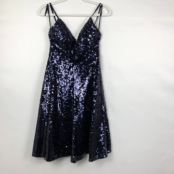NWT Vince Camuto Sequin Fit & Flare Party V-Neck Mini Cocktail Dress Navy Blue 4 - Picture 5 of 12